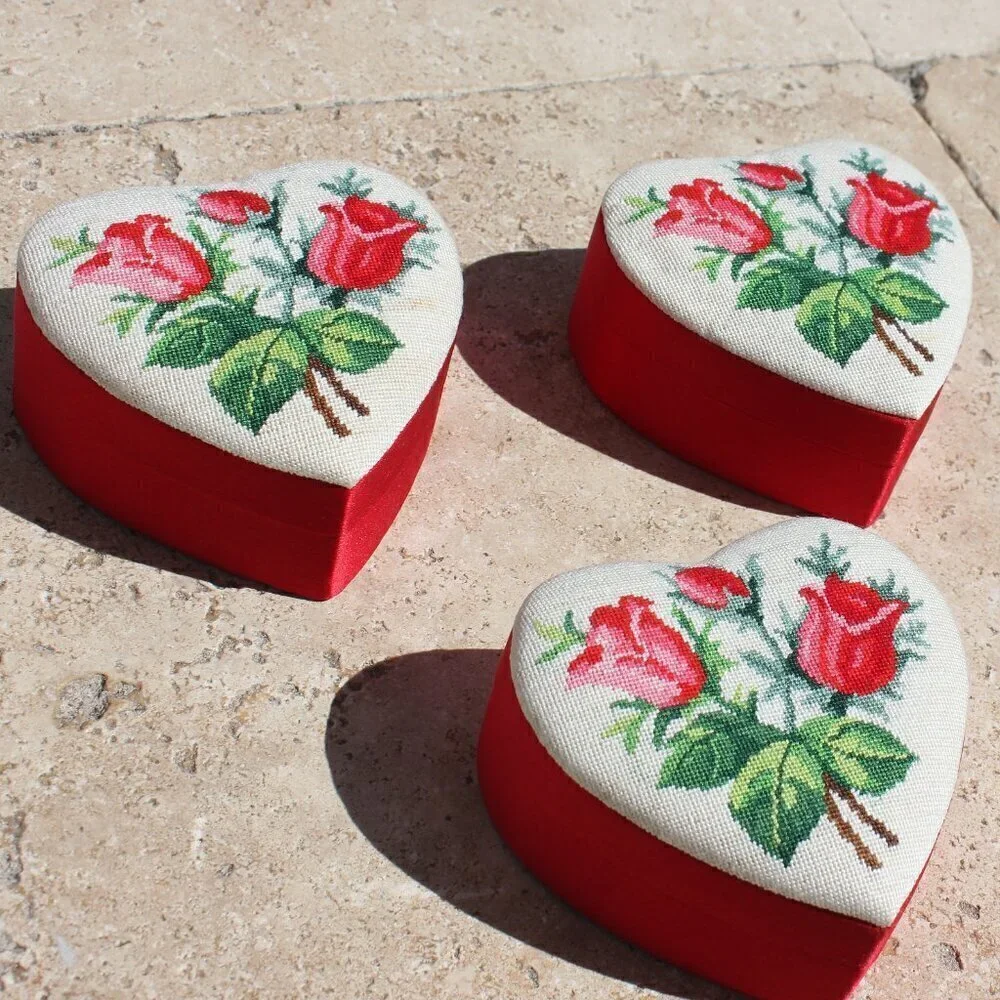 Needlepoint Mini Petite Stitch Roses Floral Red Heart Containers Set of 3